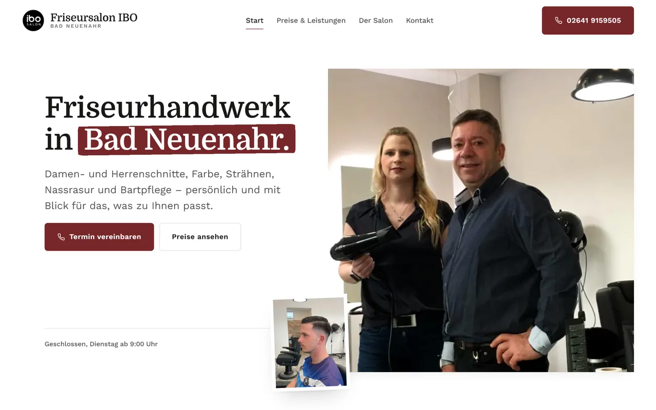 Startseite des Friseursalons IBO: helle Gestaltung mit einem Foto des Salonteams und den Schaltflächen für Termin und Preise