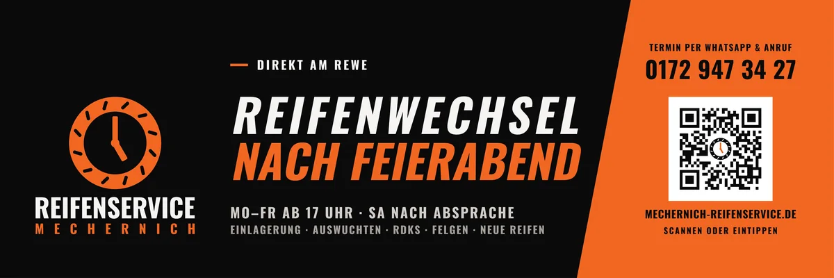 Banner: links das Reifen-Signet, in der Mitte groß „Reifenwechsel nach Feierabend“, rechts auf orangem Grund Telefonnummer und QR-Code