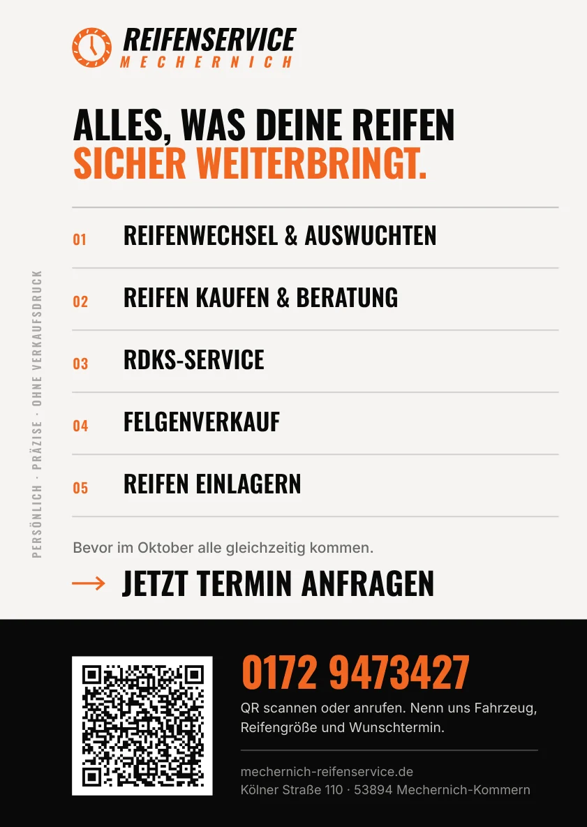 Flyer-Rückseite: fünf Leistungen nummeriert, Telefonnummer und QR-Code für die Terminanfrage