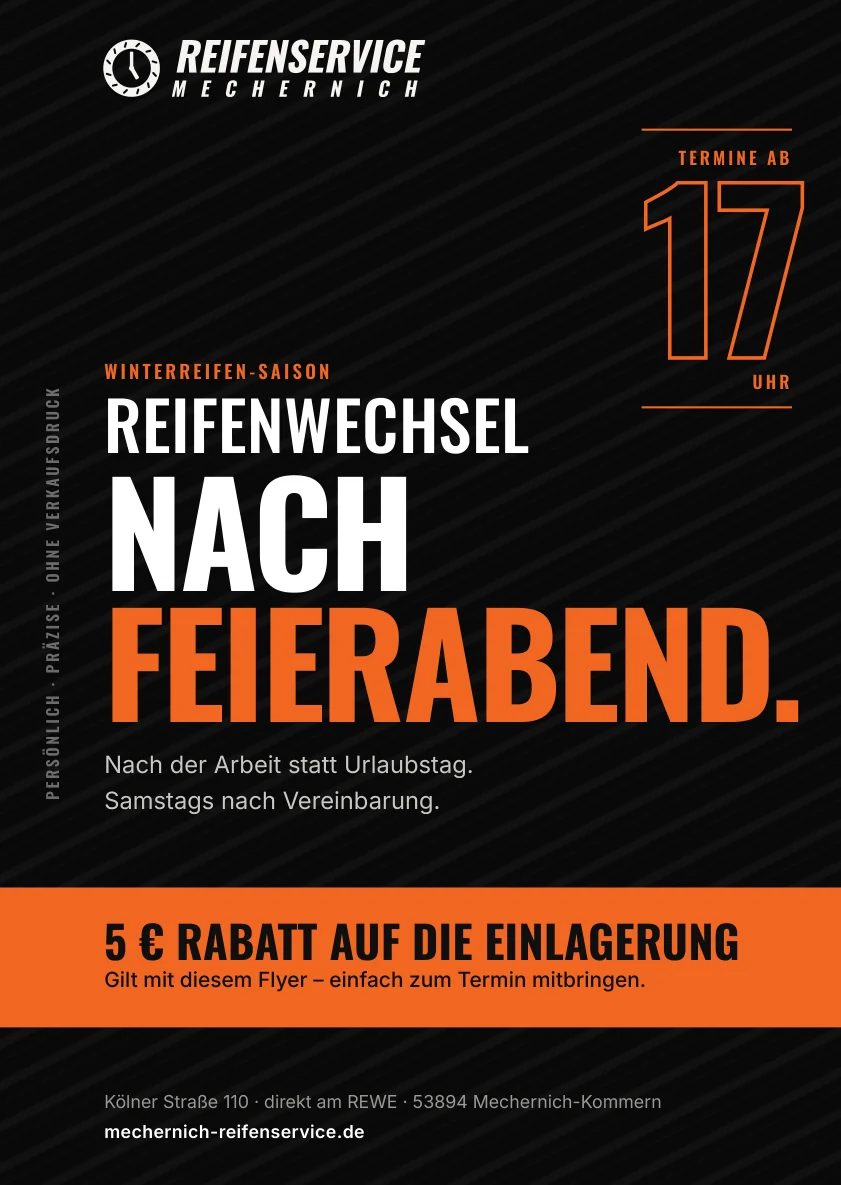 Flyer-Vorderseite: Reifenwechsel nach Feierabend, Termine ab 17 Uhr, 5 Euro Rabatt auf die Einlagerung