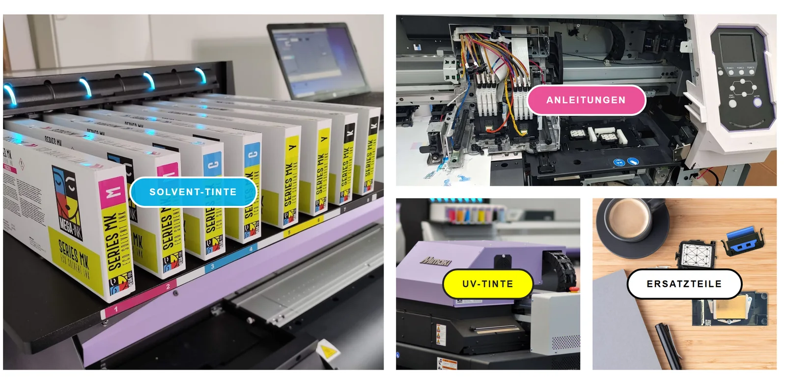 Plotter-FIX Onlineshop: Kategoriebilder für Solvent-Tinte, UV-Tinte, Anleitungen und Ersatzteile
