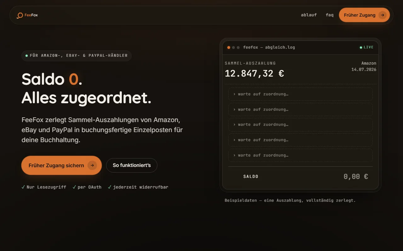 FeeFox: eine Sammel-Auszahlung wird in Einzelposten zerlegt, bis der Saldo null ergibt