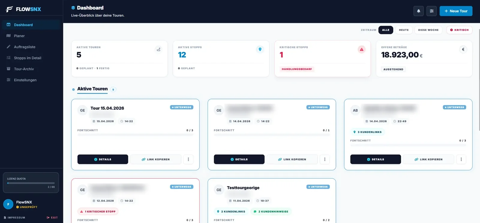 FlowSNX Dashboard: aktive Touren, kritische Stopps und offene Beträge auf einen Blick
