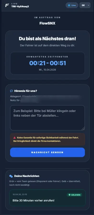 FlowSNX LiveLink auf dem Handy: der Kunde sieht sein Zeitfenster und kann dem Fahrer antworten