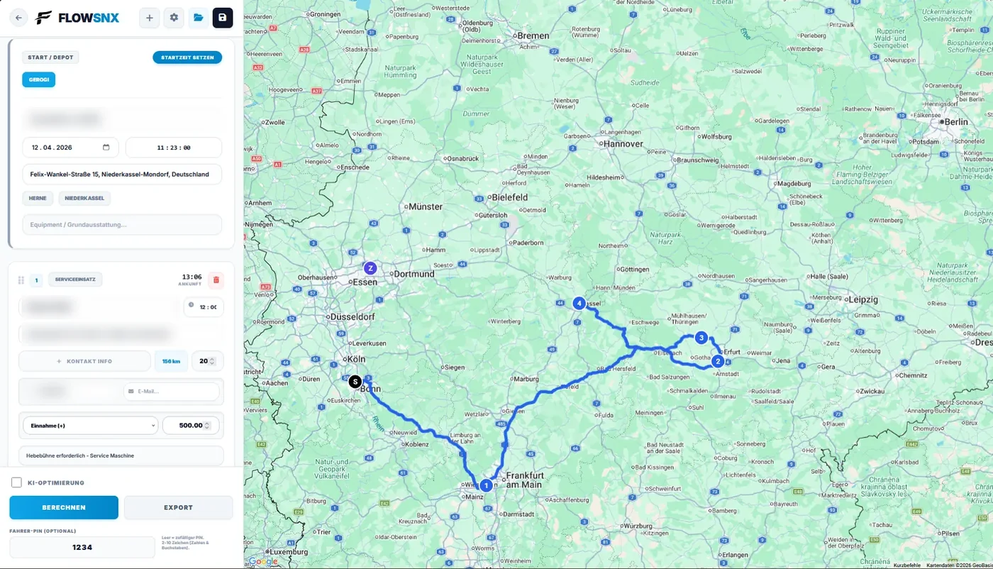 FlowSNX Tourenplaner: Stopps in der Seitenleiste, optimierte Route auf der Karte