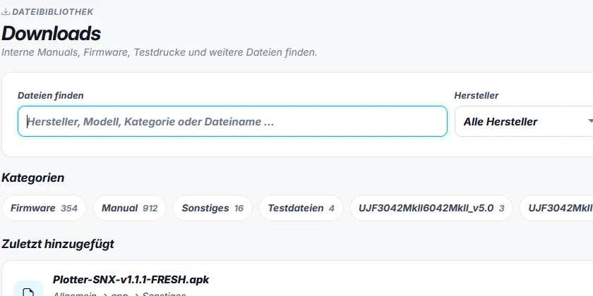 Plotter-SNX Downloads: Suche nach Hersteller, Modell und Kategorie, Kategorie-Chips mit Dateizahlen und Liste der zuletzt hinzugefügten Dateien