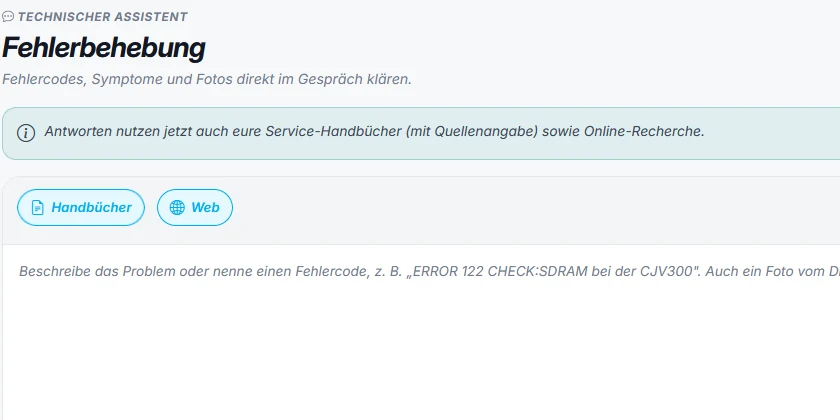 Plotter-SNX Fehlerbehebung: Hinweis, dass Antworten die eigenen Service-Handbücher mit Quellenangabe nutzen, dazu Umschalter zwischen Handbüchern und Web