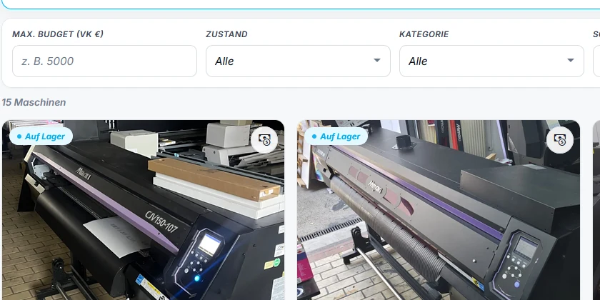Plotter-SNX Lager: Filter nach Budget, Zustand und Kategorie, darunter Maschinenkarten mit Foto, Artikelnummer, Baujahr und Zustand
