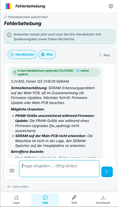 Plotter-SNX auf dem Handy: Antwort zu Fehler 122 CHECK:SDRAM mit Schnelleinschätzung, möglichen Ursachen und dem Hinweis, dass die Antwort im Handbuch gefunden wurde