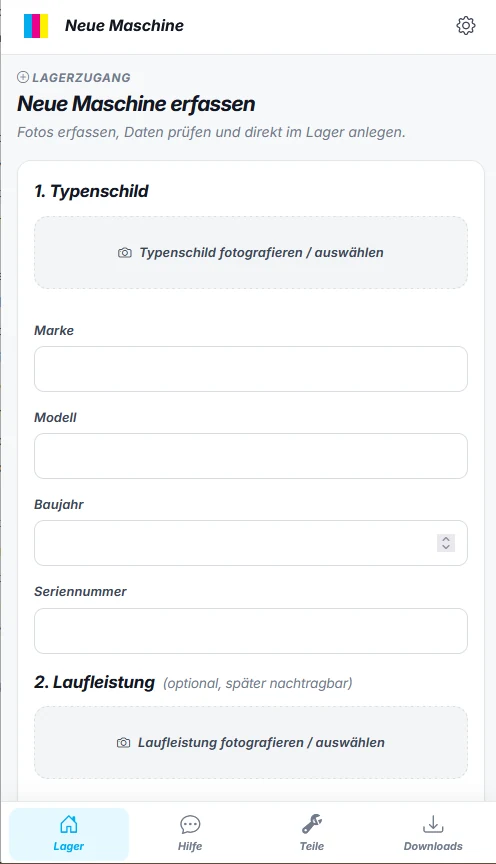 Plotter-SNX auf dem Handy: neue Maschine erfassen, beginnend mit einem Foto vom Typenschild