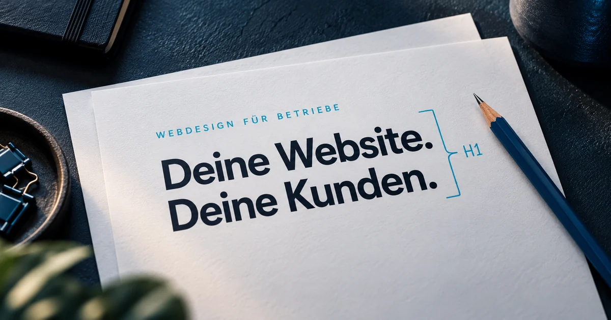 Website-Entwurf auf Papier: Die kleine Zeile „Webdesign für Betriebe“ und die große Überschrift „Deine Website. Deine Kunden.“ sind mit einer H1-Klammer verbunden.