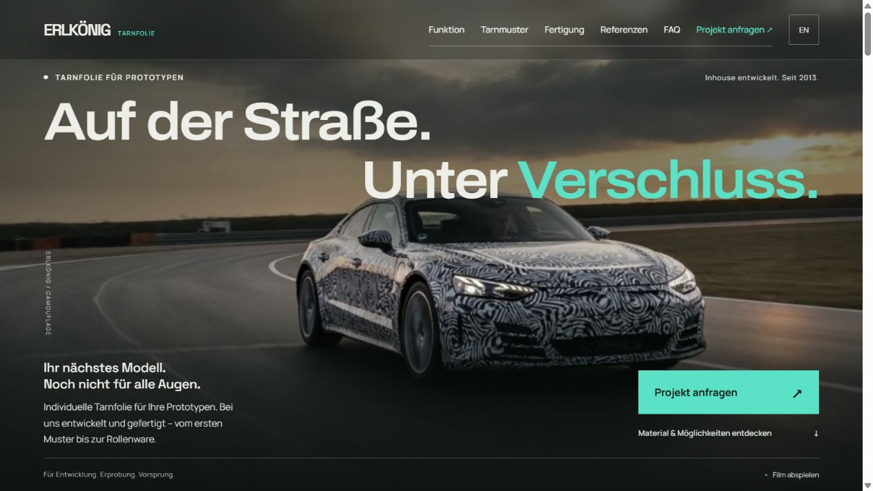 Website erlkoenig-folie.de mit Navigation und dem Titel Auf der Straße. Unter Verschluss.